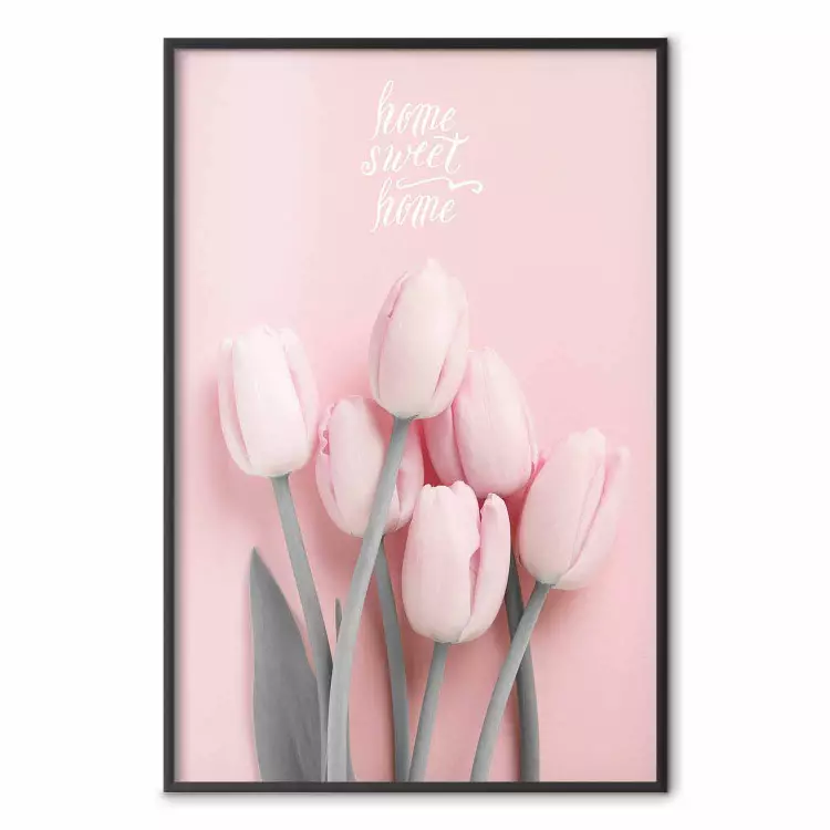 Sex tulpaner - rosa vårblommor och text på pastellbakgrund