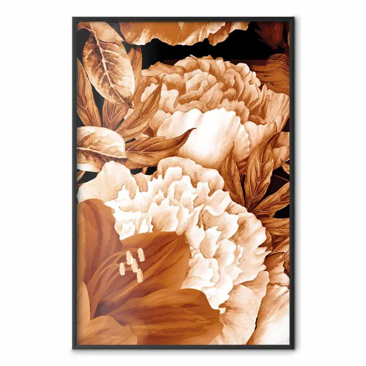 Liljor och pioner - blommor och löv i sepia mot svart
