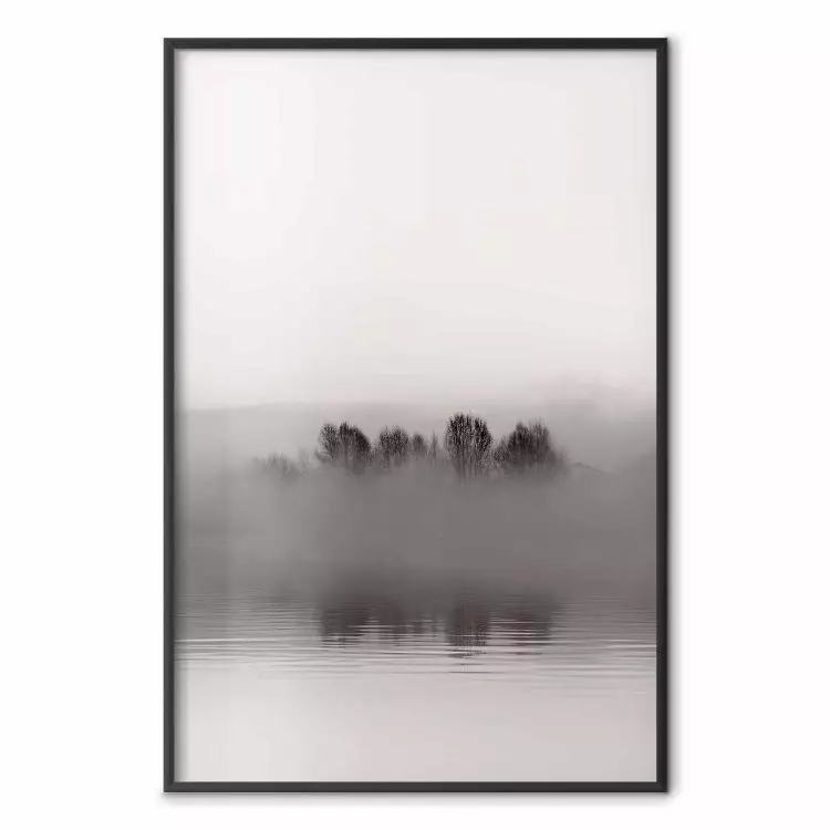 Dimmig ö - svartvitt landskap av sjö med dimmig ö