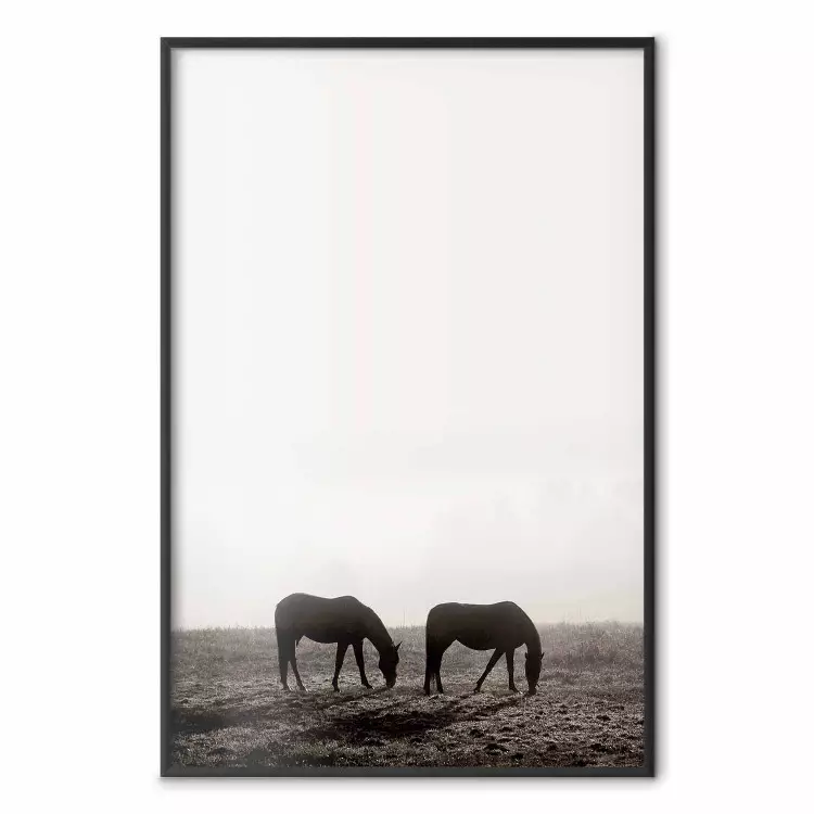 Morgonpaus - landskap av hästar på fält mot klar himmel