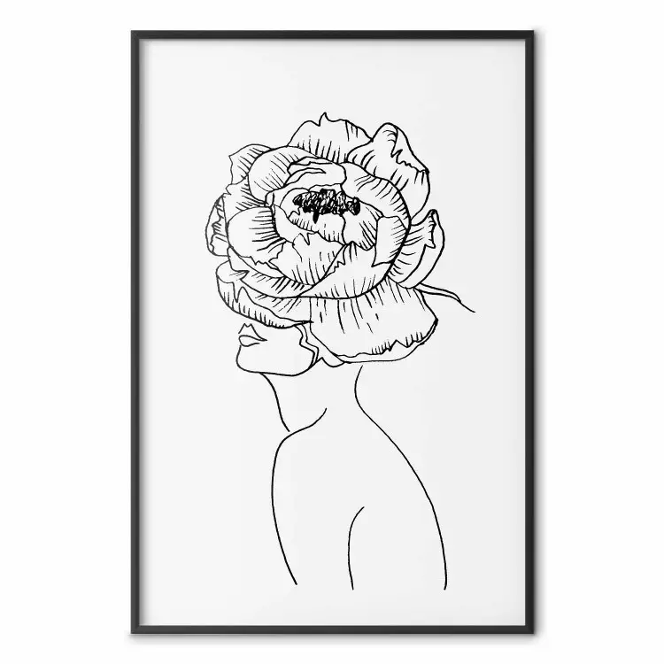 Ungdomens ansikte - linjärt porträtt av kvinna med blommor på ljus bakgrund