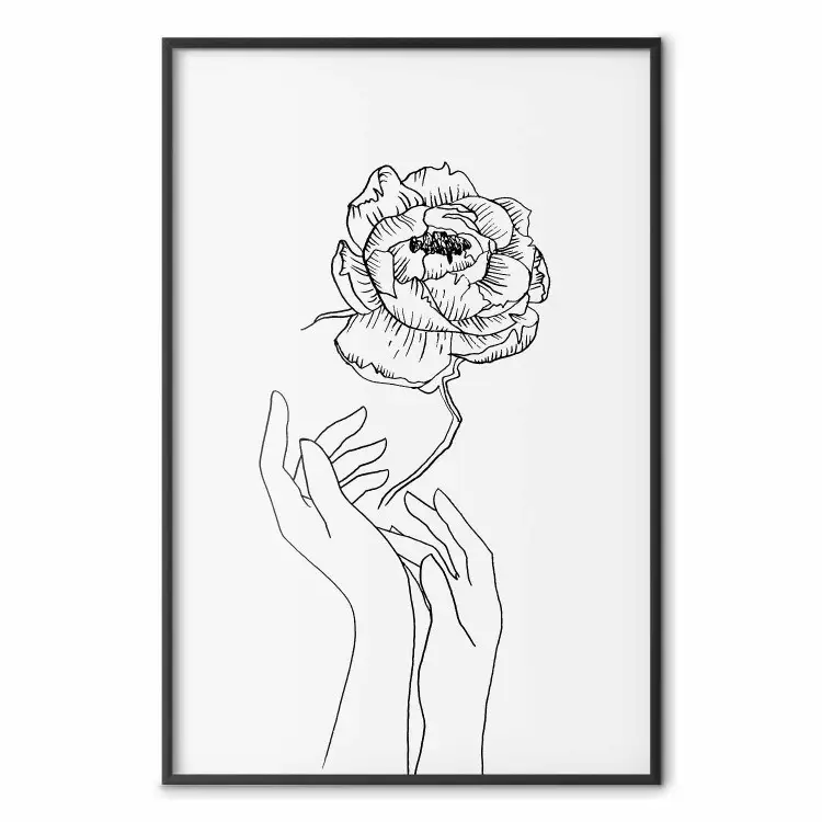 Ömtålig blomma - lineart blommor och händer på vit kontrasterande bakgrund