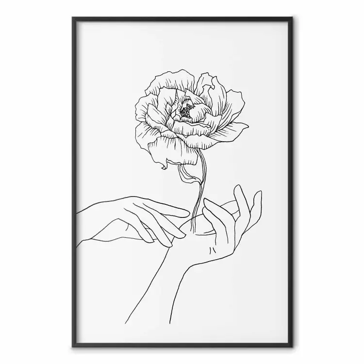 Ömt beröring - svart lineart händer och blommor på enhetlig bakgrund