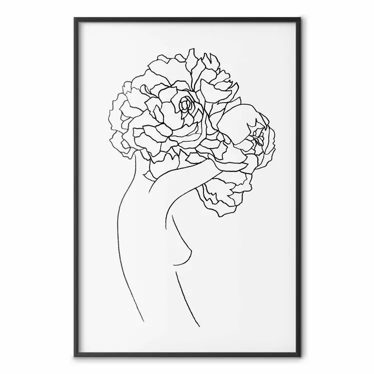 Kvinna med blommor - minimalistisk svartvit linjekonst