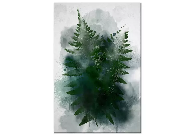 Ormbunke i dimman - blad av en växt i ett kallt dimmoln