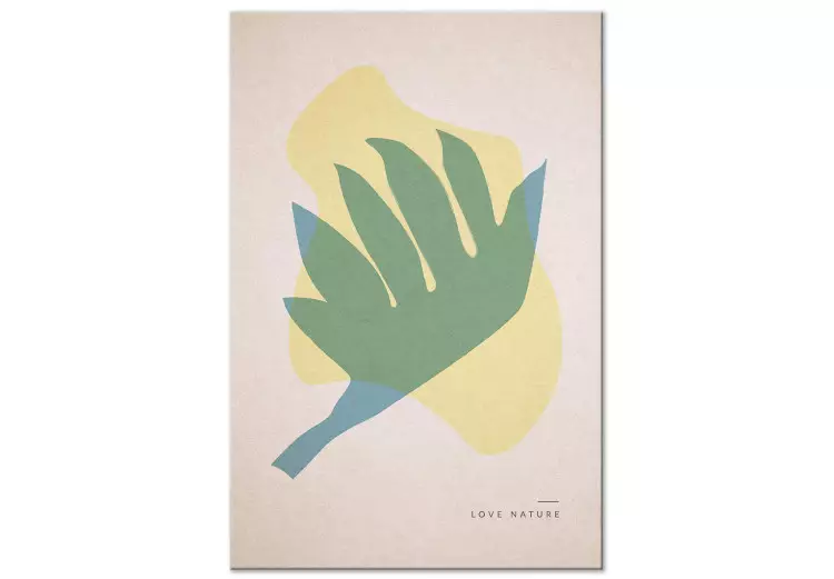 Love Nature - Pastell abstraktion i skandinavisk stil med ett blad i form av en stigande fågel och ett citat på engelska
