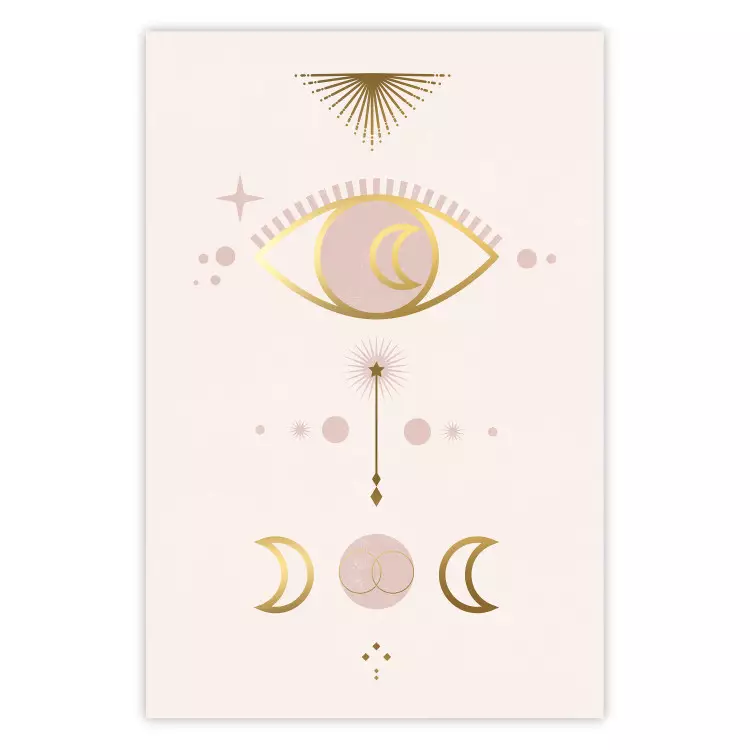 Astrologi - gyllene konstnärlig vision med månar och öga på ljus botten