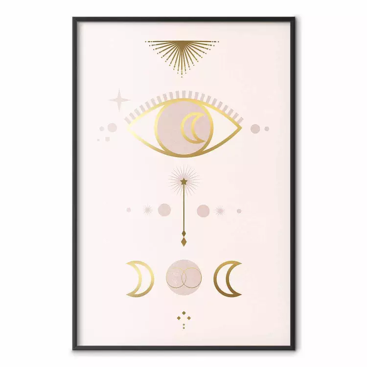 Astrologi - gyllene konstnärlig vision med månar och öga på ljus botten