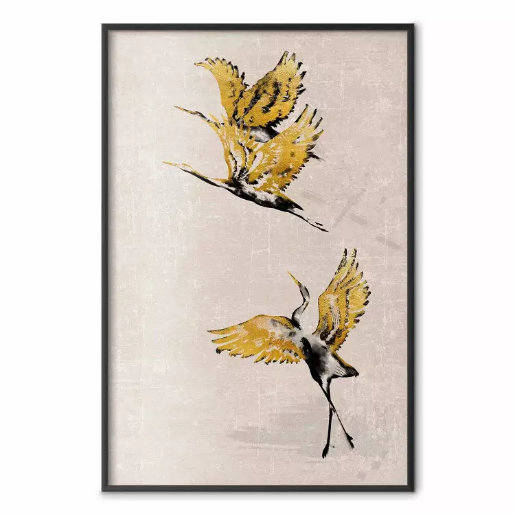 Gyllene tranor - flygande fåglar mot beige bakgrund i skandinavisk bohemisk stil