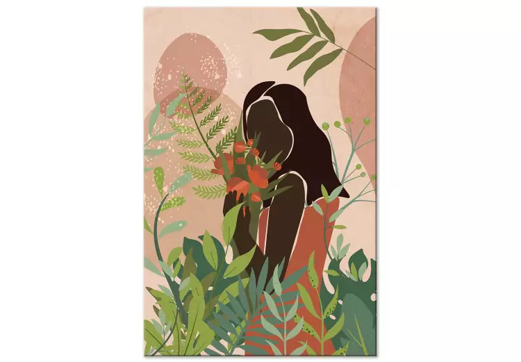 Kvinna i grönt (1-del) vertikal - färgglada växter på rosa bakgrund