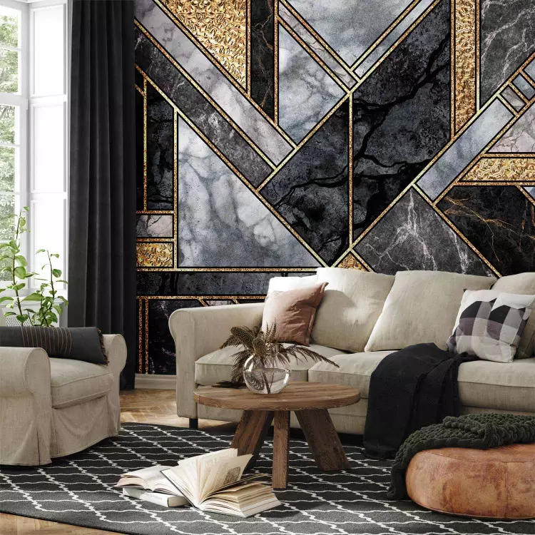 Geometriskt art deco - grå och svart marmor med guldiga mönster