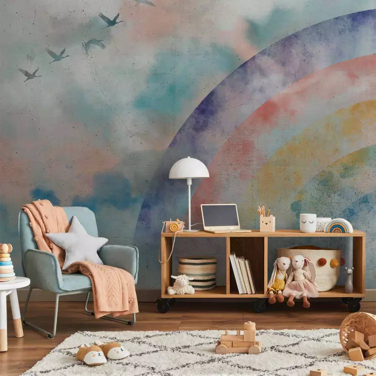 Regnbågens drömmar - landskap med moln och flygande fåglar i akvarellstil
