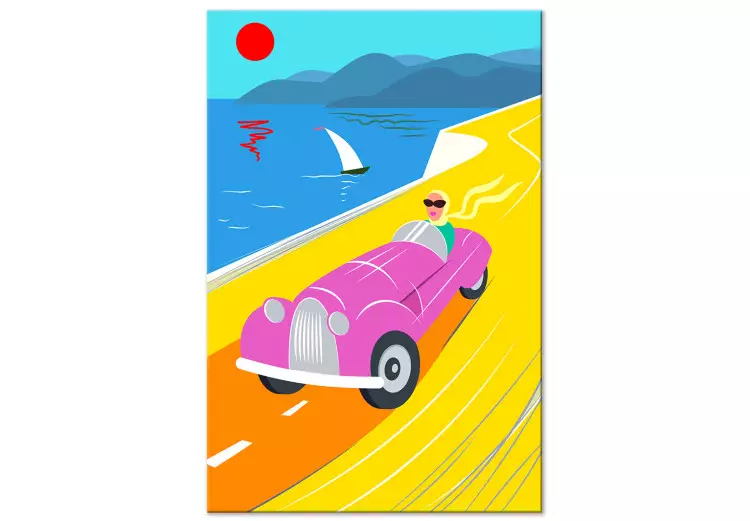 Färgstark resa (1-del) vertikal - landskap med bil i bakgrunden av havet