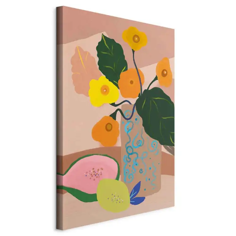 Blommor i en vas vertikal - bukett och exotisk frukt