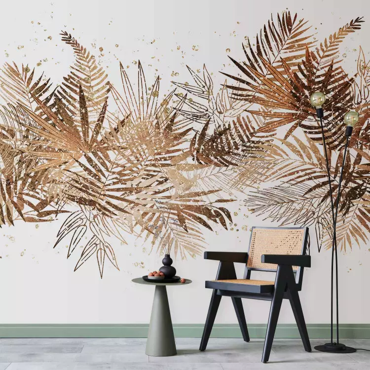 Djungel och guldplym - motiv med tropiska löv på vit bakgrund