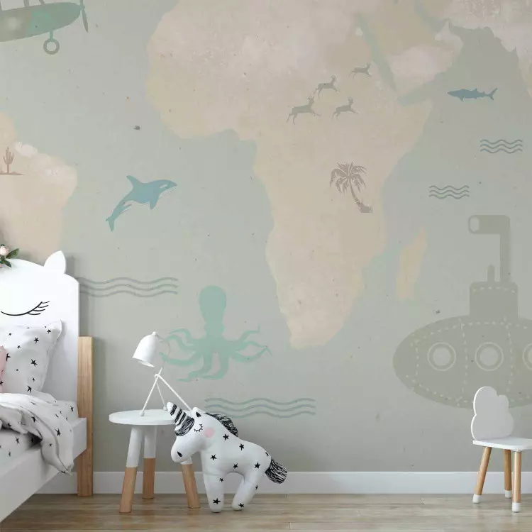 Barnkarta - sagolika flygplan och djur på bakgrund med kontinentkarta