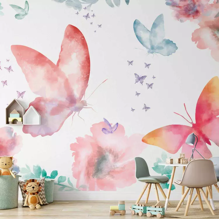 Trädgård - färgstark komposition av blommor och fjärilar på enhetlig vit bakgrund