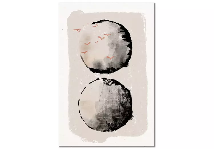 Två månar (1-del) - Japansk abstraktion med två cirklar och fåglar