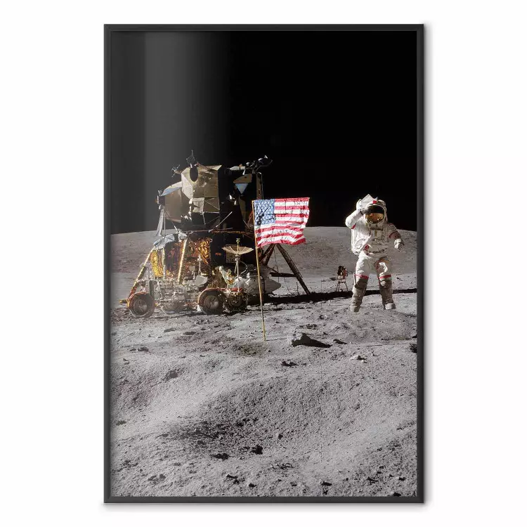 Landning på månen - foto av skepp, astronaut och flagga i rymden