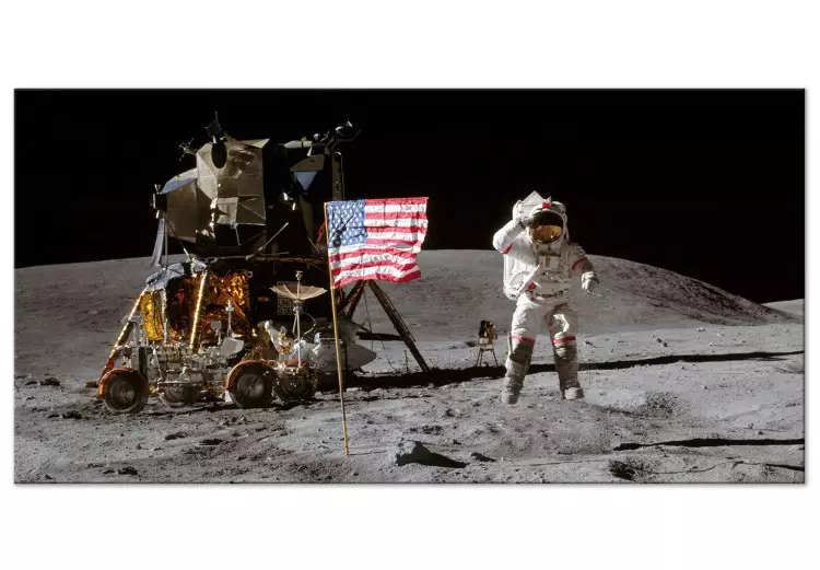 Månlandning - foto av flagga, skepp och astronaut i rymden
