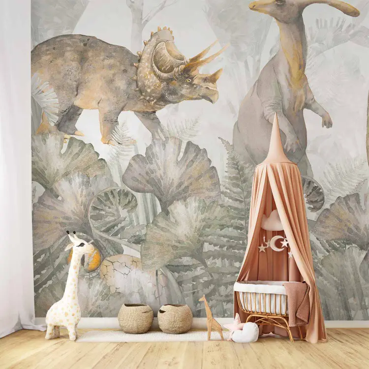 Dinosaurier - akvarell med reptiler i en förhistorisk djungel i beige