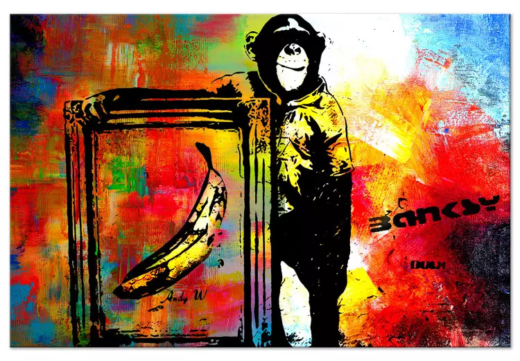 Apa med banan (1-del) - mural i Banksy-stil på färgglatt bakgrund