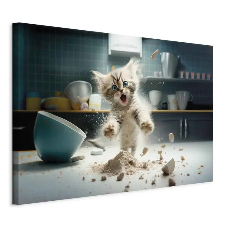 AI maine coon-katt - skrämt husdjur vid köksarbete - horisontell