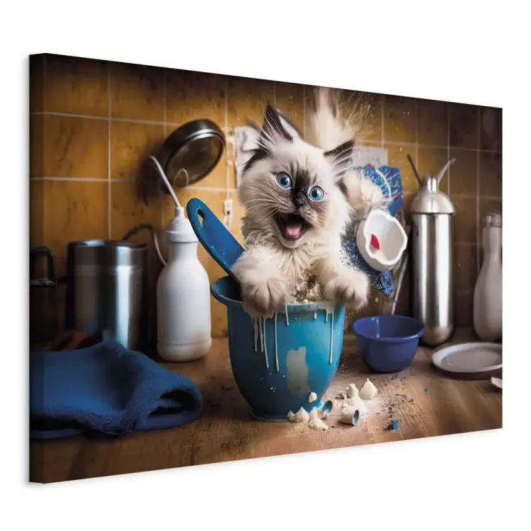 AI ragdollkatt - fluffigt husdjur leker i köket - liggande