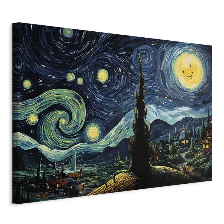 Stjärnklar natt - landskap i van Gogh-stil med leende måne