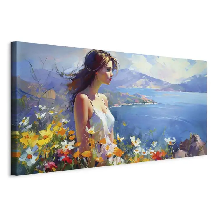 Kvinna mot havet - blommigt bergslandskap i stil med Monet