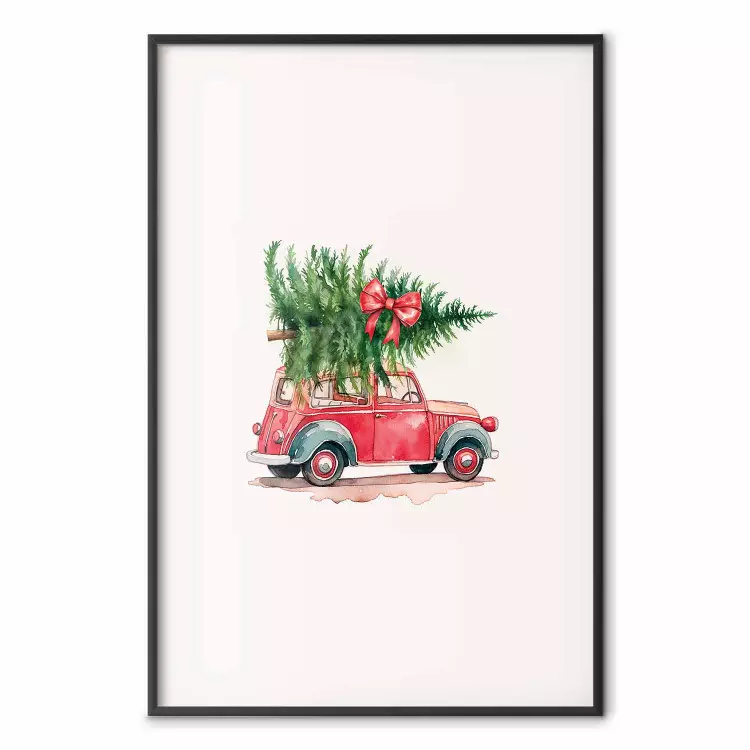 Jultransport - röd bil i akvarell med en julgran på taket