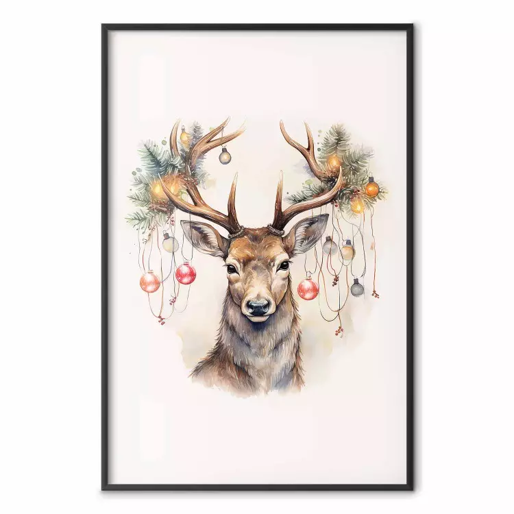 Julbesökare - akvarellillustration av en hjort med dekorerade horn