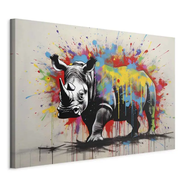 Färgglad noshörning - väggmålning med djur inspirerad av Banksy-stil