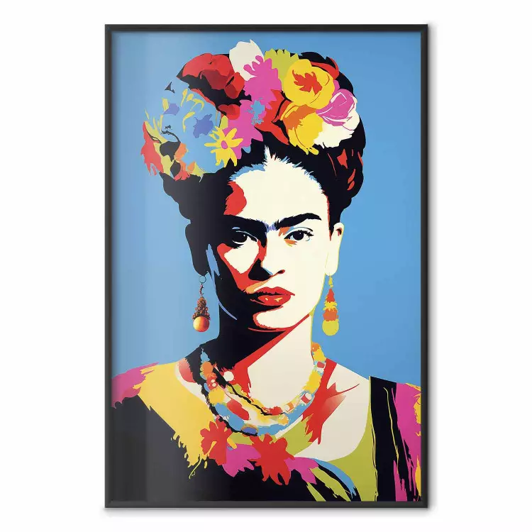 Blått porträtt - Frida Kahlo med blommor i håret i pop-art-stil