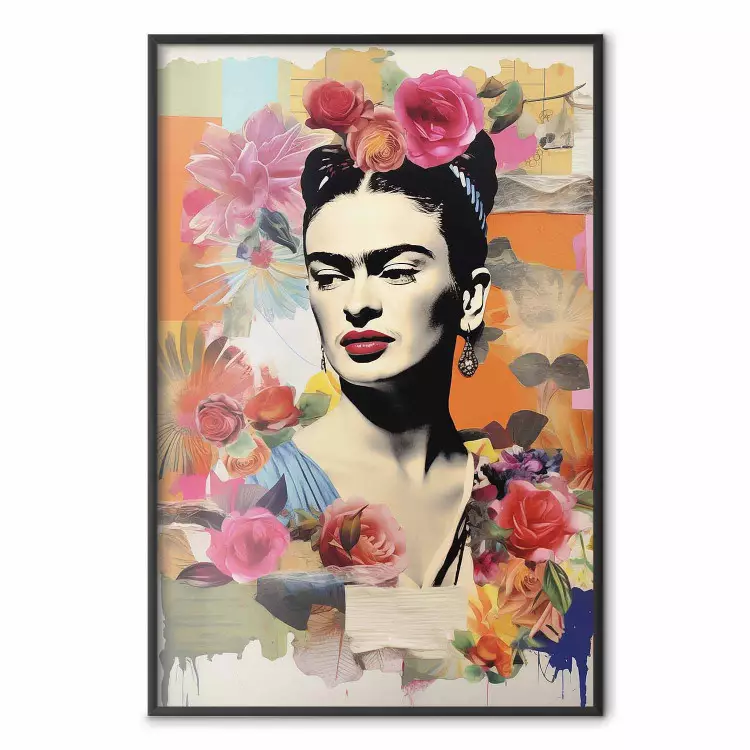 Collage med Frida - färgstark komposition med porträtt och blommor i bakgrunden