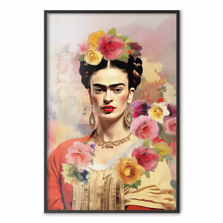 Subtilt porträtt - Frida Kahlo på en suddig bakgrund full av blommor