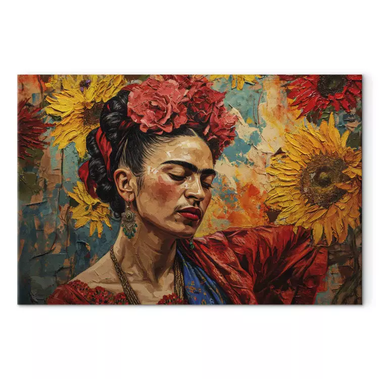 Frida Kahlo - kvinna mot en bakgrund av solrosor i van Goghs målningsstil