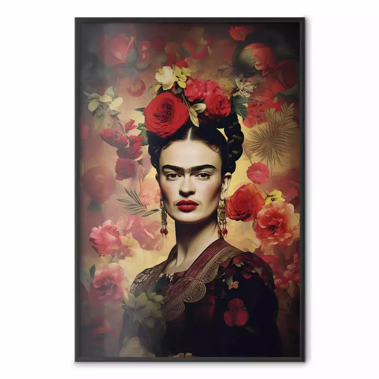 Porträtt med rosor - Frida Kahlo på en brun bakgrund full av blommor
