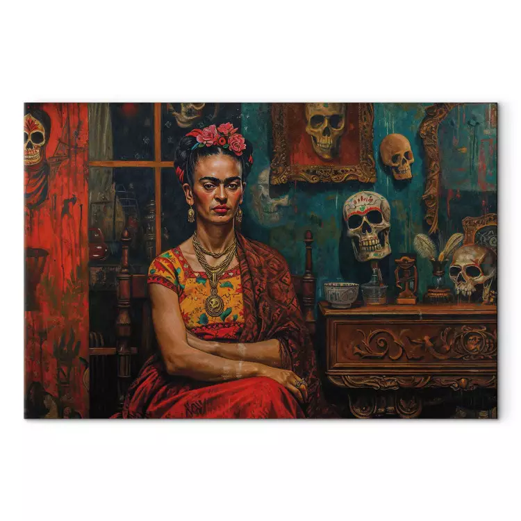 Frida Kahlo - komposition med målaren som sitter i ett rum med dödskallar