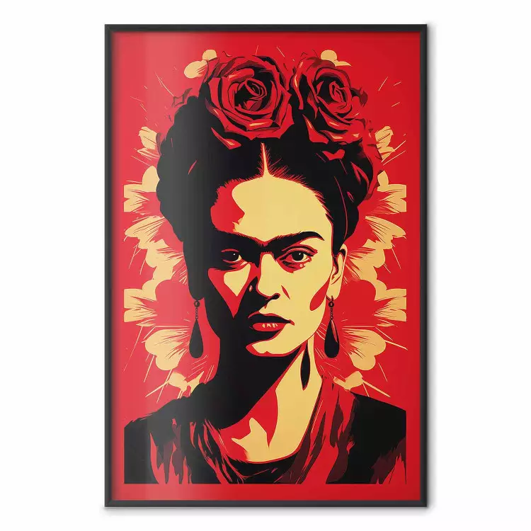 Frida porträtt - affischrepresentation av målaren mot en röd bakgrund