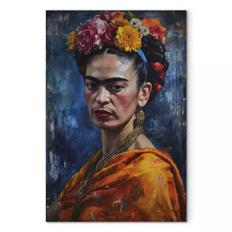 Frida Kahlo - måleriskt porträtt av konstnären på en mörkblå bakgrund
