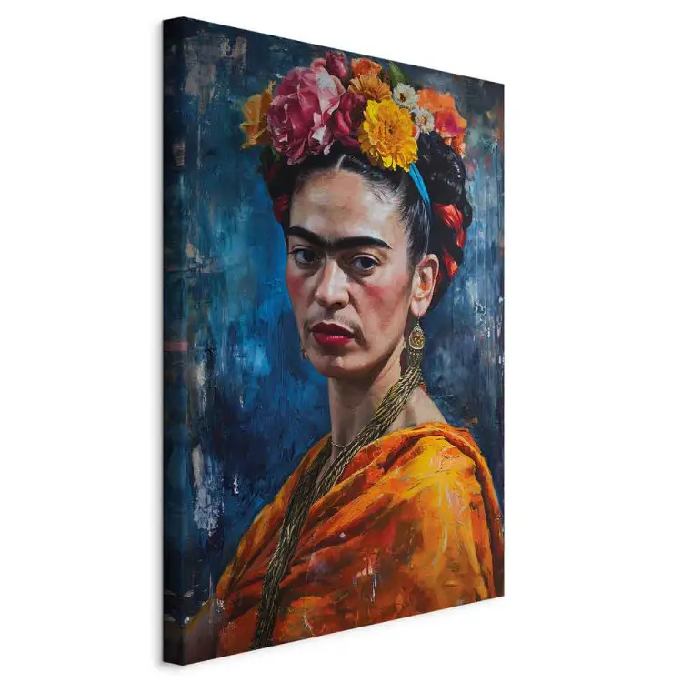 Frida Kahlo - måleriskt porträtt av konstnären på en mörkblå bakgrund