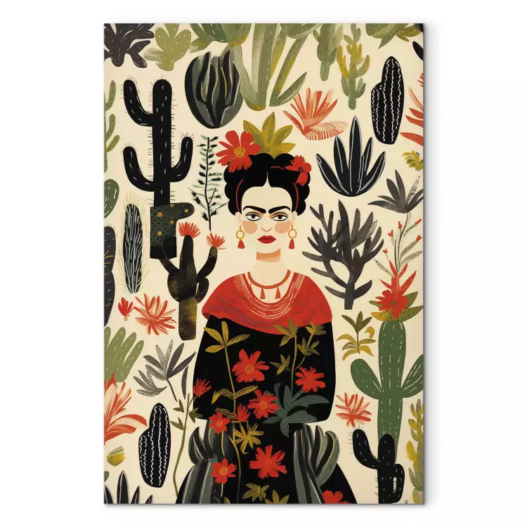 Frida Kahlo - porträtt av konstnären mitt i en ökenflora full av kaktusar