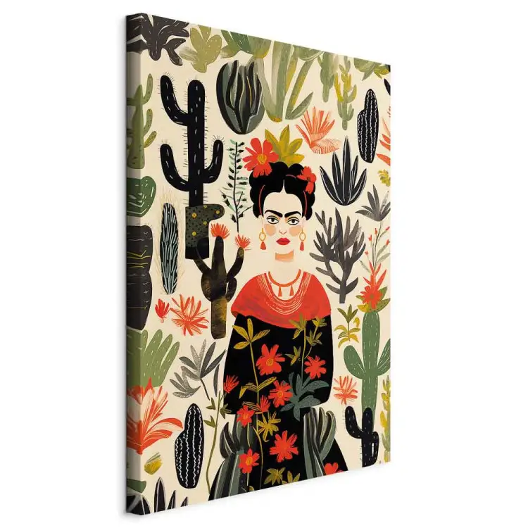 Frida Kahlo - porträtt av konstnären mitt i en ökenflora full av kaktusar