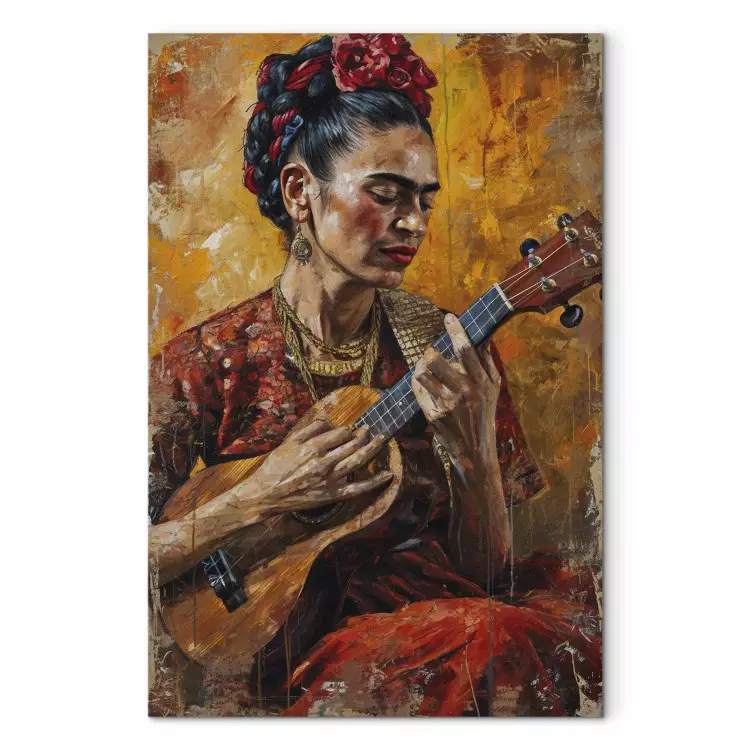 Frida Kahlo - porträtt av en kvinna som spelar ukulele i bruna toner