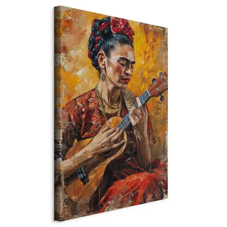 Frida Kahlo - porträtt av en kvinna som spelar ukulele i bruna toner