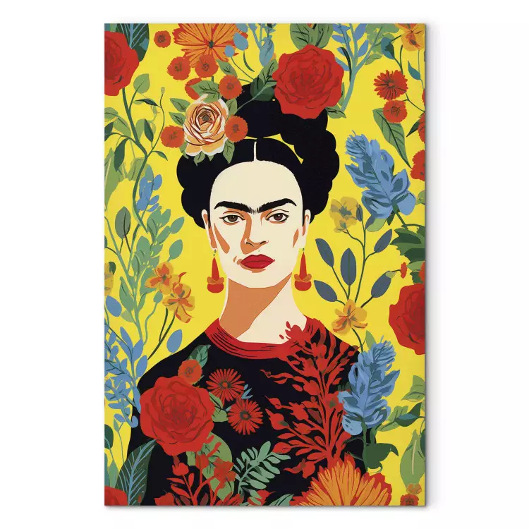 Frida Kahlo - porträtt av konstnären på en gul blommig bakgrund