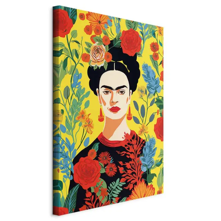 Frida Kahlo - porträtt av konstnären på en gul blommig bakgrund
