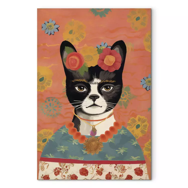 Djurporträtt - katt med blommor inspirerad av Fridas bild