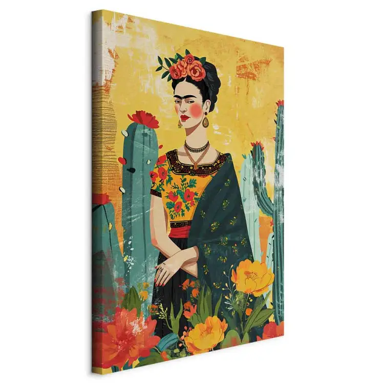 Frida Kahlo - konstnärlig skildring av konstnären med kaktusar